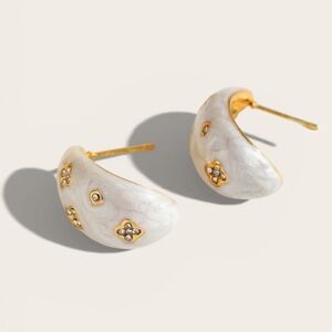 White Enamel Crescent Stud Earrings with Zircon | 18K Gold Plated
